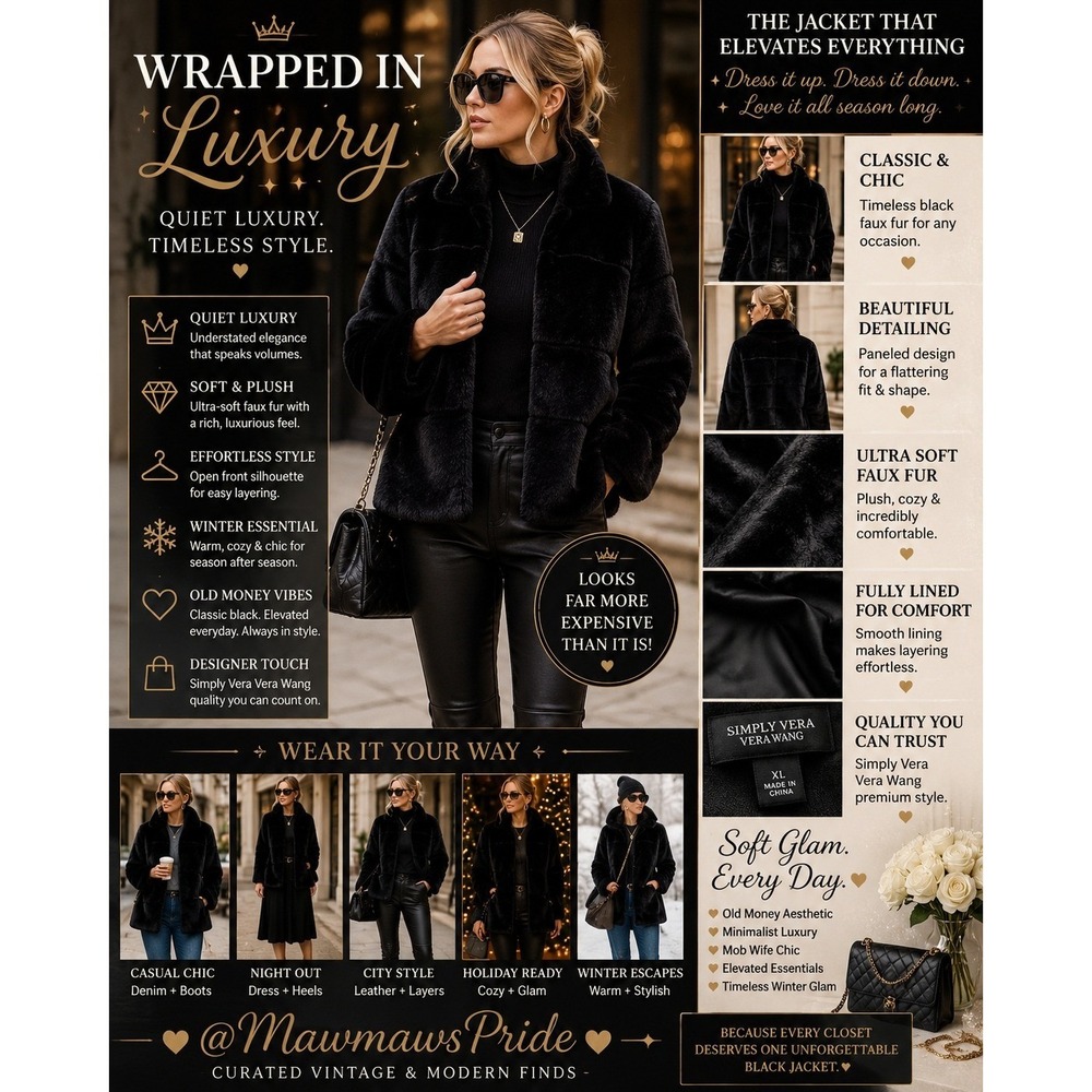 Black Faux Fur Jacket Quiet Luxury Old Money Glam Winter Coat NWOT XL